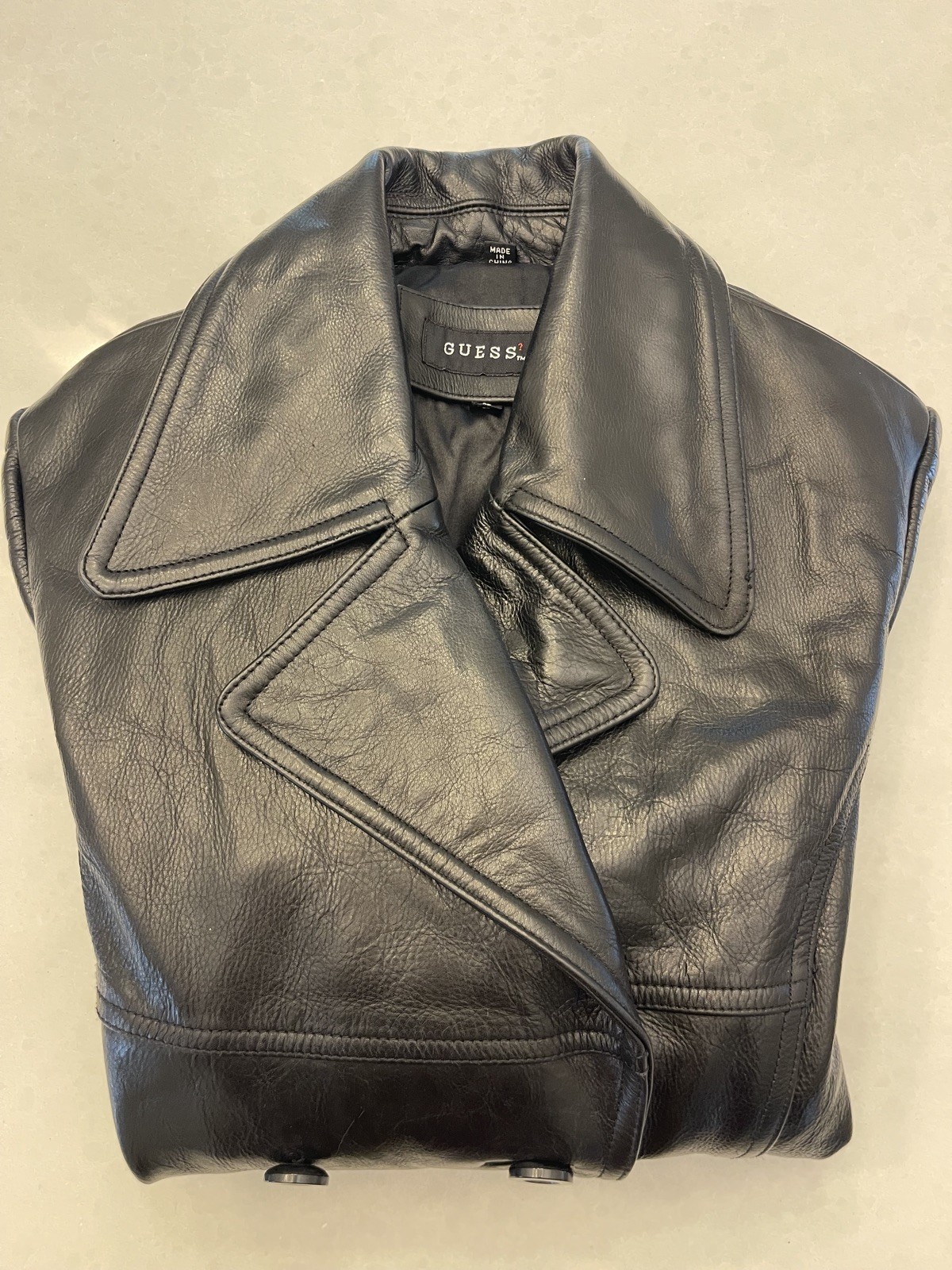 Guess Genuine Leather Jacket Womens Size Small S Black Button Up Collar Pockets