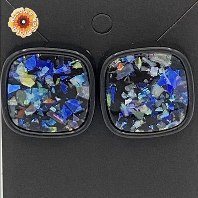 Unbranded Black Plastic Rounded Square Iridescent Flecks Pierced Stud Earrings