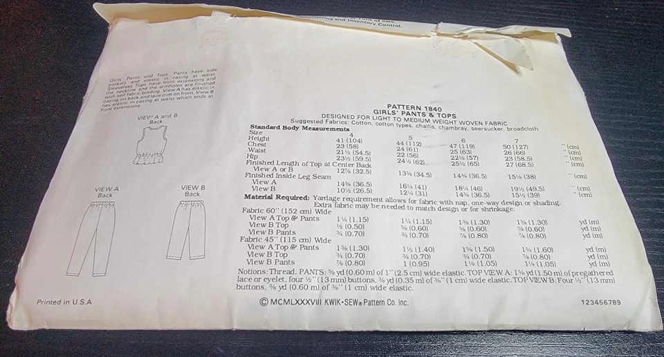 Vintage 1988 Kwik Sew Pattern 1840 Girls Top & Pants Sizes 4/5/6/7 UNCUT - Image 2 of 4