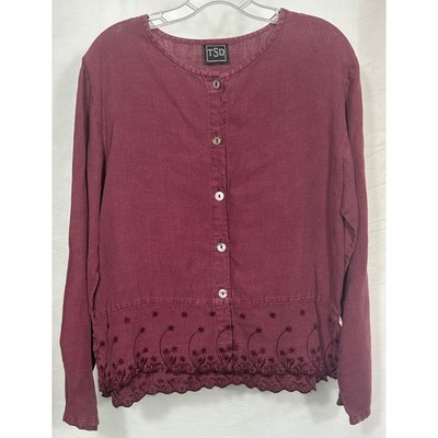 TSD 100% Hemp Button Front Blouse Burgundy Embroidered Hem Women s M USA Made