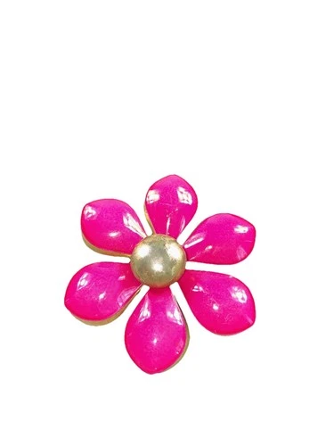 Vintage 1960s Enamel Flower Brooch Hot Pink Gold Tone Mod Costume Jewelry