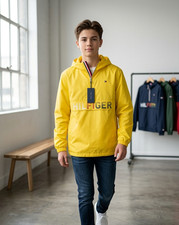 Tommy Hilfiger Boys Rain Jacket Vibrant Yellow New Half Zip Hooded 16-18 Large