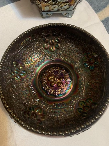Vintage Fenton Carnival Glass Bowl Black Purple Blue Iridescent cherries cherry