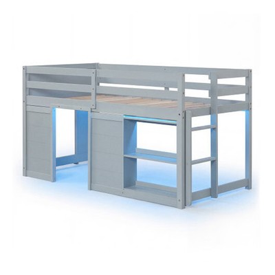 Wooden Low Kids Loft Bed with LED Lights and 2 Doors-Gray - Color: Gray