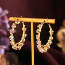 Women Gold Plated Pink Heart Zirconia Dangle Drop Big Circle Charm Hoop Earrings