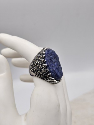 Vintage Statement Lapis Antique Look Cameo 316L Stainless Steel Ring Sz 7 