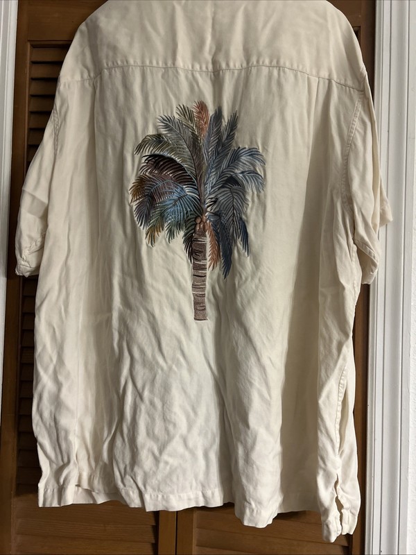 Luau Shirt Mens 2XL Cream 100% Finest Silk Palm Tree Embroidered Limited Edition