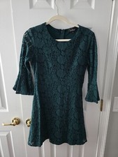 Lulus Favorite Flair Green Floral Lace Flounce Bell Sleeve A-Line Mini Dress S