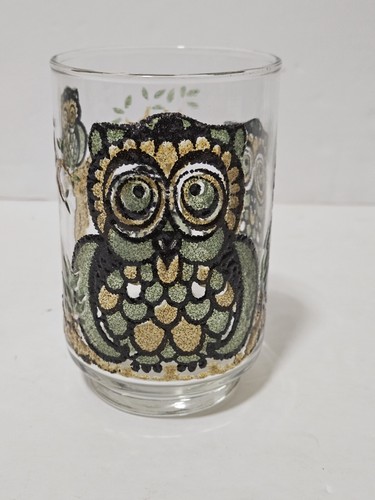 Vintage Libbey Stained Glass Tumbler Green Brown Owls