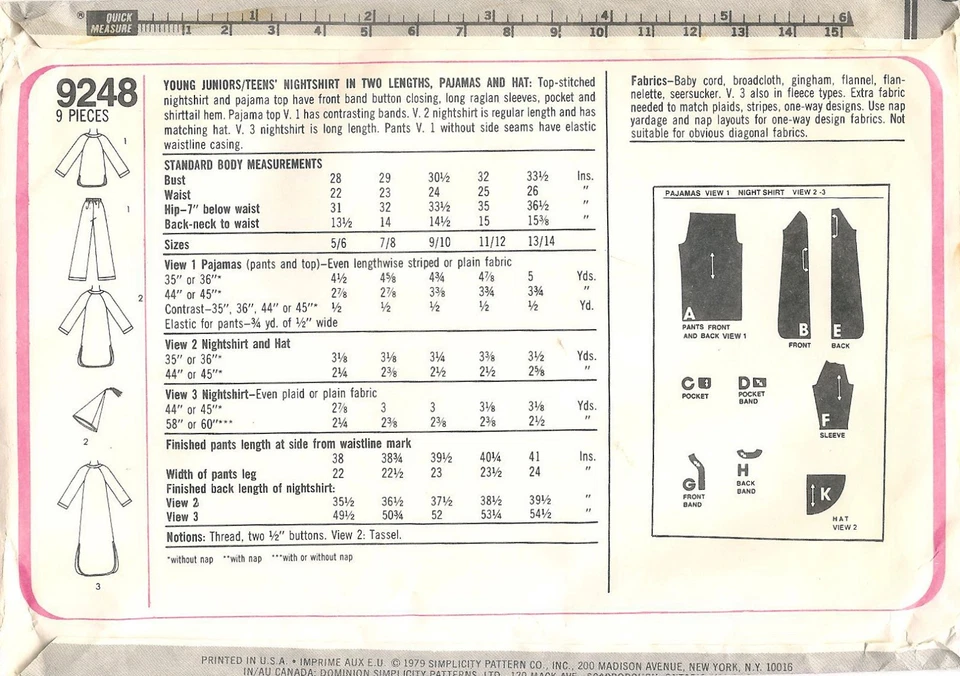 Simplicity #9248 Sewing Pattern Junior/Teens Nightshirt Pajamas & Hat Size 11/12 - Image 2 of 2