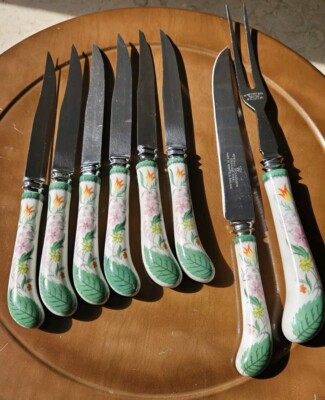 Vintage Westall Richardson 8pc Carving Knife Set - Floral Ceramic Handles