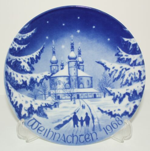 Vintage 1968 Natale 100 anni Bareuther, Baviera Germania piatto bianco cobalto - Foto 1 di 10