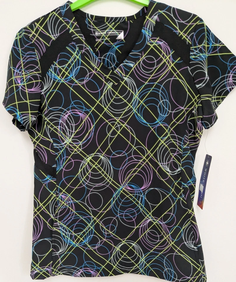 Women's White Cross Fit Scrub Top, Size~S, Color ~ Multi, NWT - Image 2 of 4