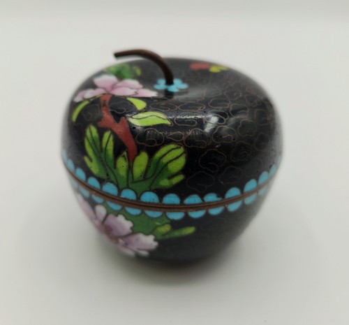Black Enamel Cloisonne Flower Butterfly Apple Shaped Trinket Box Jar Ring Pill - Picture 3 of 12