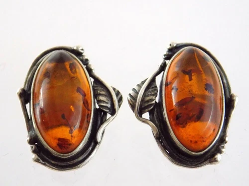 Vintage Sterling Silver Amber Clip On Earrings 925 1 Inch Length Leaf Motif