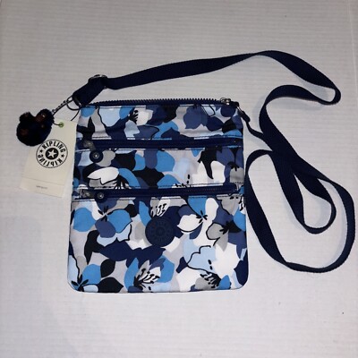 Kipling Blue Crossbody Purse Aquatic Floral Three Zip Bag Gorilla Charm NWT