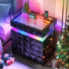 Gurexl Night Stand with RGB LED Light, Nightstand Tempered Glass and Sliding Top Gurexl Night Stand with RGB LED Light, Nightstand Tempered Glass and Sliding Top - Image 1