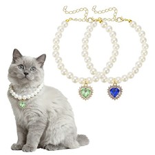 Cat Dog Pearl Collar Small Heart Shape S Green/Blue 2Pcs