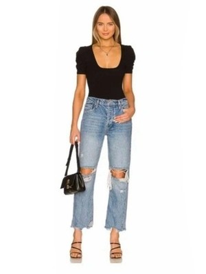 Free People We the Free High Rise Tapered Baggy Jeans Medium Wash Distressed 25