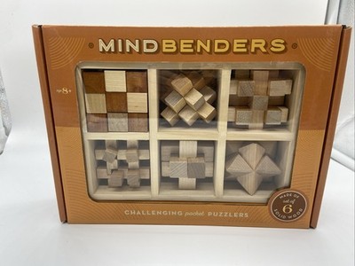 Mindbenders Wood Puzzle Game Set of 6 GO Challenging Brain Quiz Pocket Puzzlers