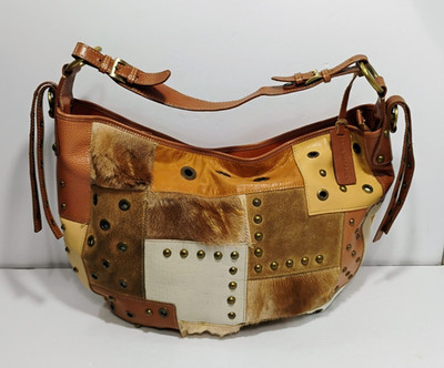AQUA MADONNA Patchwork Leather and Fur Purse Antelope Hair Tan & Brown Large