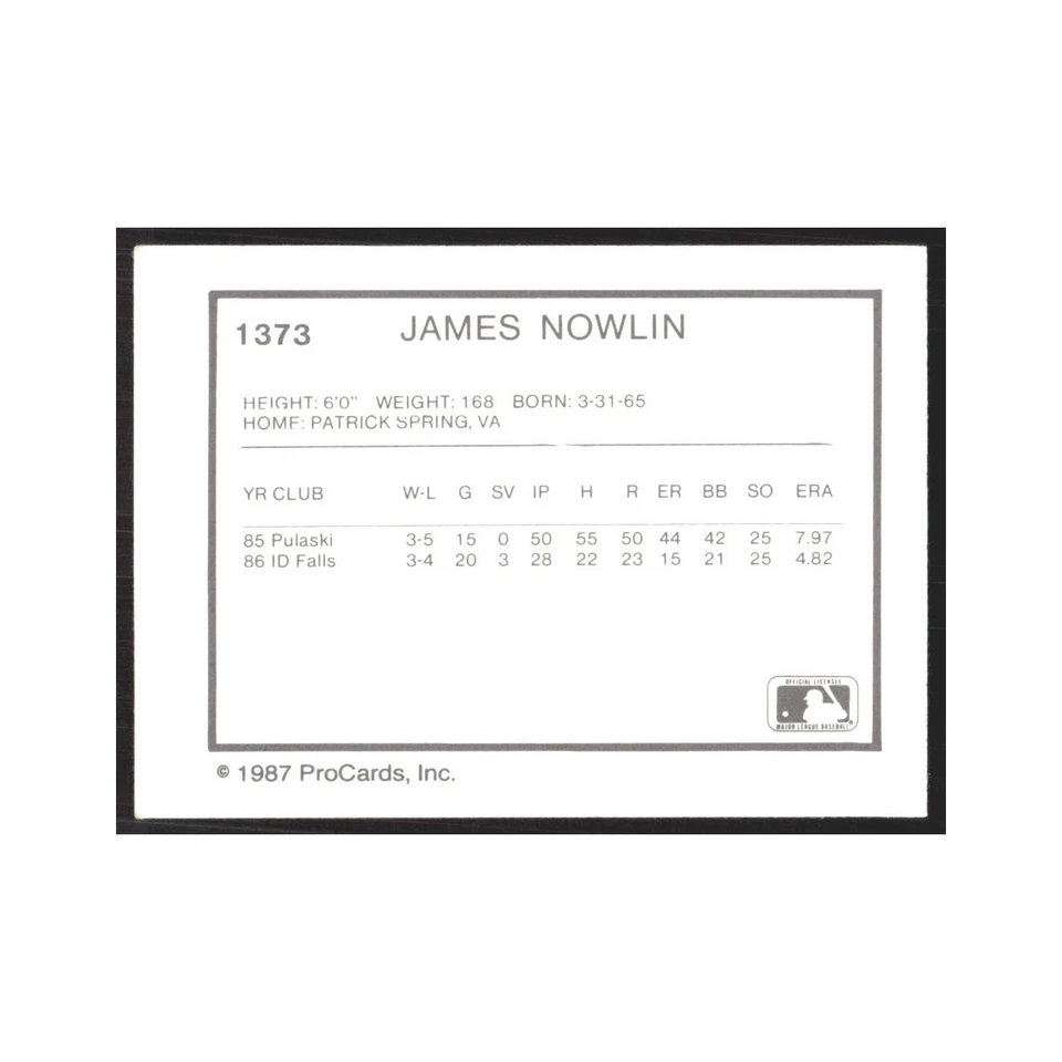 1987 ProCards Minor League James Nowlin Sumter Braves #1373 - Image 2 of 3