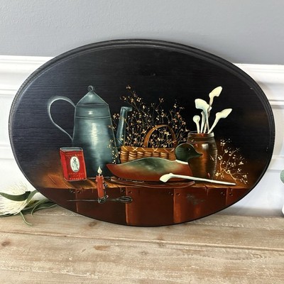 Vtg Hand Painted Wood Still Life Kitchen Wall Art Signed Rustic Country Farm MCM