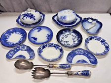 Lot of Antique Flow Blue Dishes and Salad Utensils FB-157