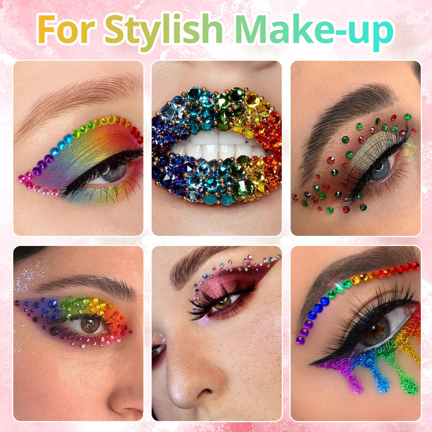 Round Flatback Face Gems Kit (Colorful) for Makeup with Quick Dry Glue + Brush +