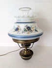 Vintage Milk Glass & Brass Wall Sconce Hurricane Lamp Blue Floral Shade 15" Tall