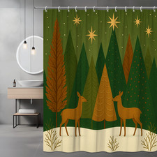 Christmas Shower Curtain with Deer and Trees, Holiday Decor
