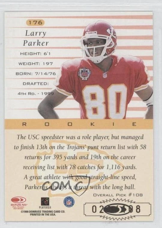 1999 Donruss Rookie Stat Line Season /108 Larry Parker #176 Rookie RC - Image 2 of 2