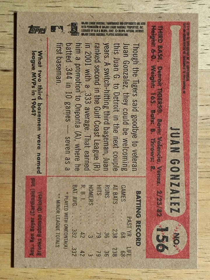 2002 Bowman Heritage #156 Juan M. Gonzalez RC - Image 2 of 2