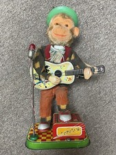 Vintage Animated Monkey Playing Guitar Wind Up Musical Tin Litho Made In Japan