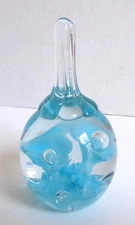 Vintage St. Clair Blown Blue Trumpet Flowers & Bubbles Glass Paperweight , 4.25"