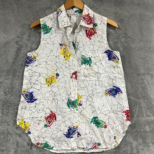 Vintage 100% Cotton Button Sleeveless Top Abstract Bird Colorful Art Botton Sz L - 第 1/10 張圖片
