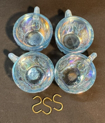 Fenton Miniature Punch Bowl Set Blue with Plum Ruffled Rim with