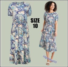 TU Size 10 Paisley Floral Midi Long Dress Blue Beige Teal Short Sleeves Shirred
