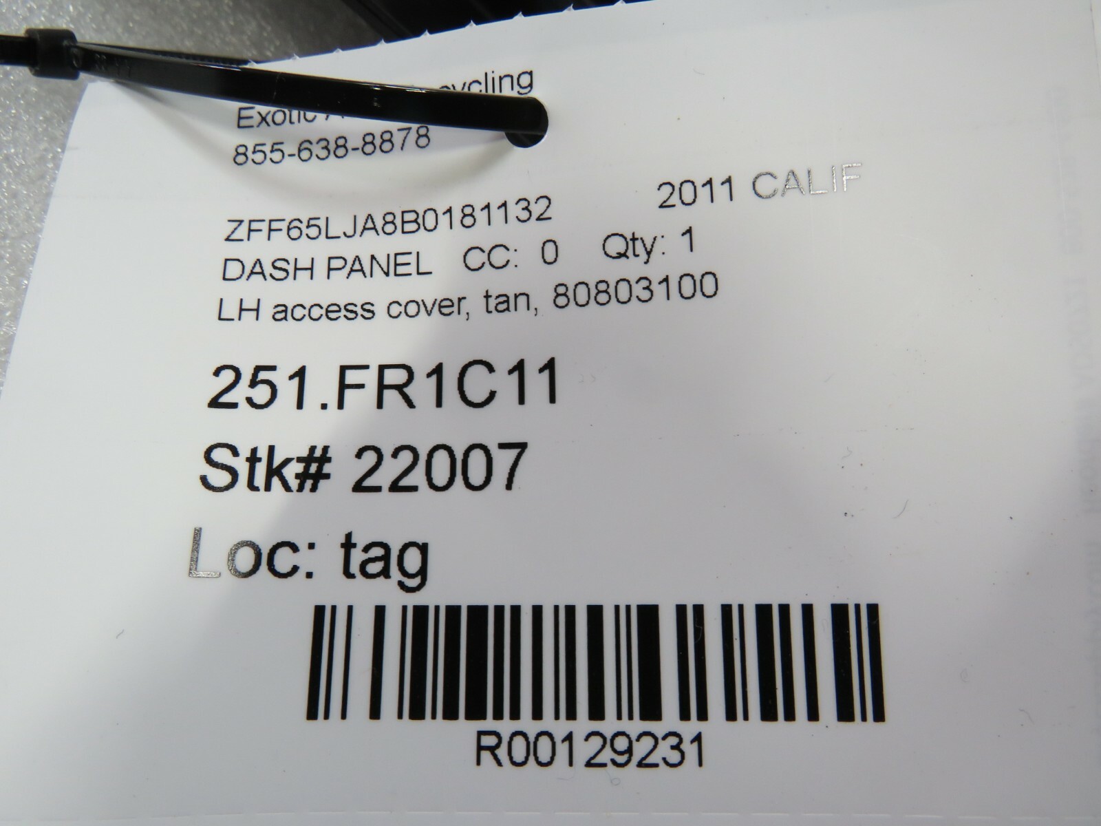 Ferrari California, LH, Left, Dashboard Door Access, Tan, Used, P/N 80803100