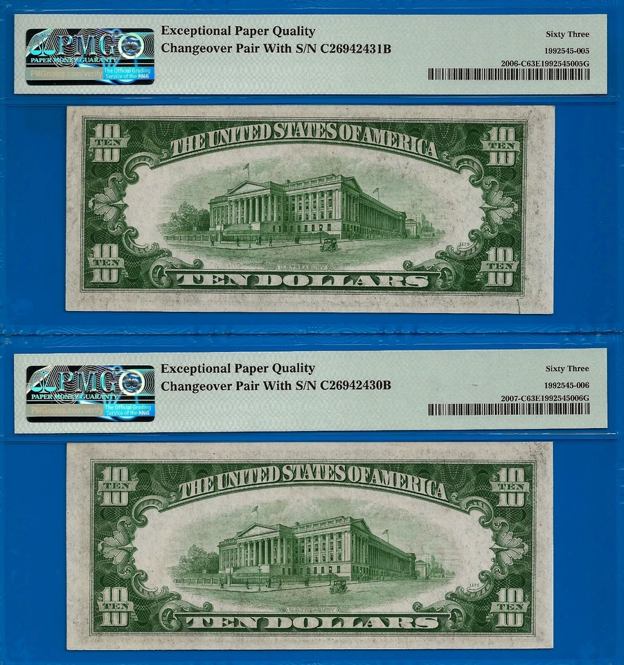 1934A / 1934B $10 FRN Philadelphia PMG 63EPQ changeover pair Fr 2006-C Fr 2007-C - Image 2 of 2