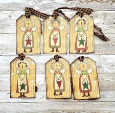 6-Christmas-Primitive-Farmhouse-Pipberry-Angels-Linen Cardstock-Gift-Tags