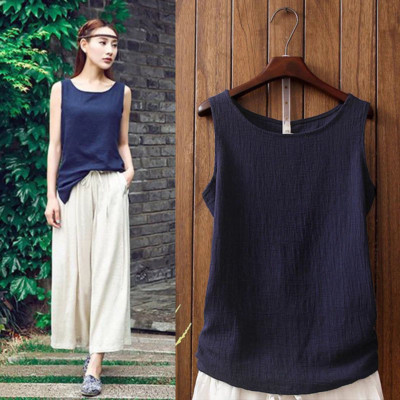 Women Cotton Linen Vest Tank Top Summer Scoop Neck Sleeveless Blouse Base Shirt