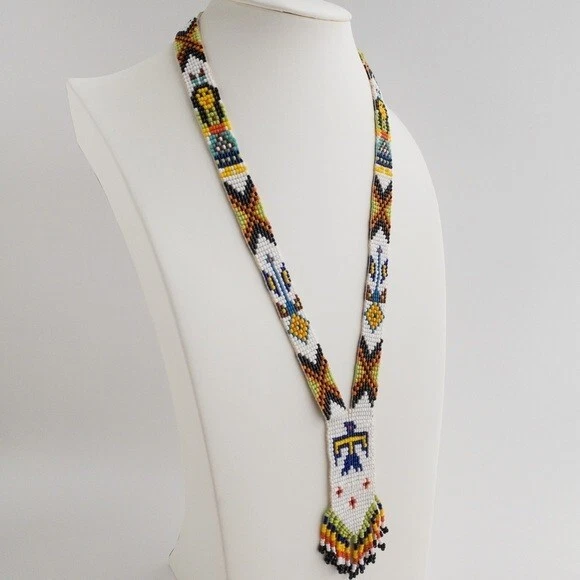 Vintage Native American Hand Woven Beaded Fringe Necklace