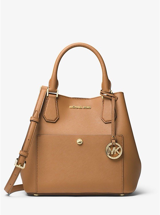 Borsa a mano Michael Kors Greenwich in pelle saffiano marrone ghianda borsetta