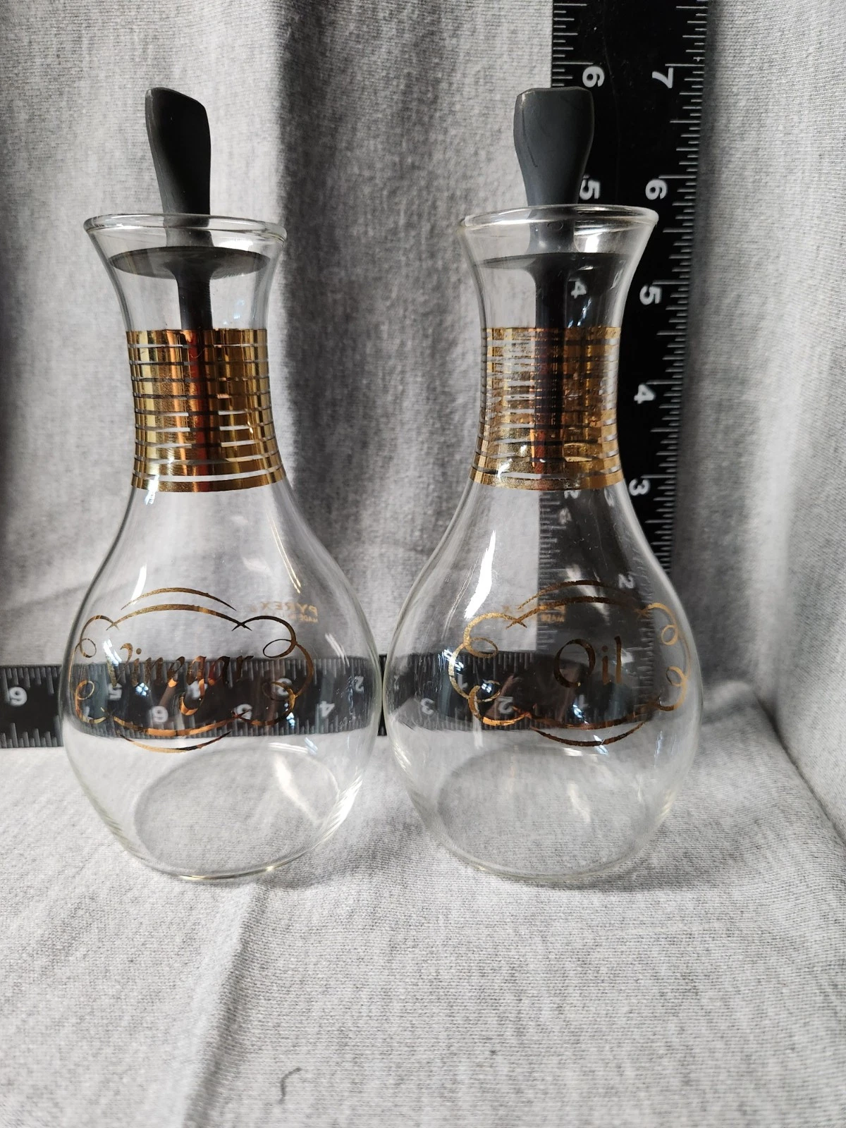 Pyrex Glass Oil & Vinegar Gold Stripes Black/grey Lids 1960s Cruet Set