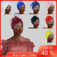 Feather Mesh Flower Women Elegant Wedding Cap Muslim African Turban Pleated Hat