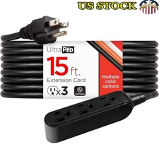 15 Ft Heavy Duty Double-insulated Extension Cord 3 Outlet Power Strip Grounded