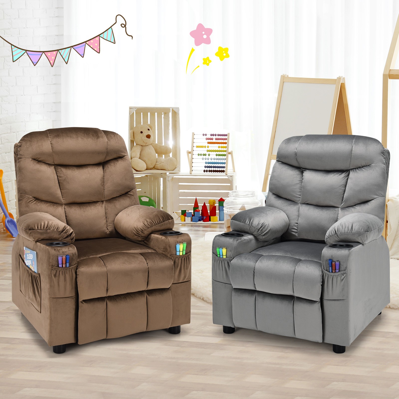Honeyjoy Kids Youth Recliner Chair Velvet Fabric Armrest Sofa w/Cup Holder Brown