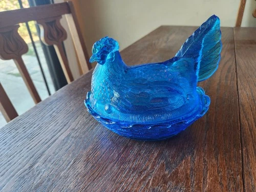 Hen on Nest Chicken Cobalt Blue Glass Depression Style Candy Dish, Vintage Style