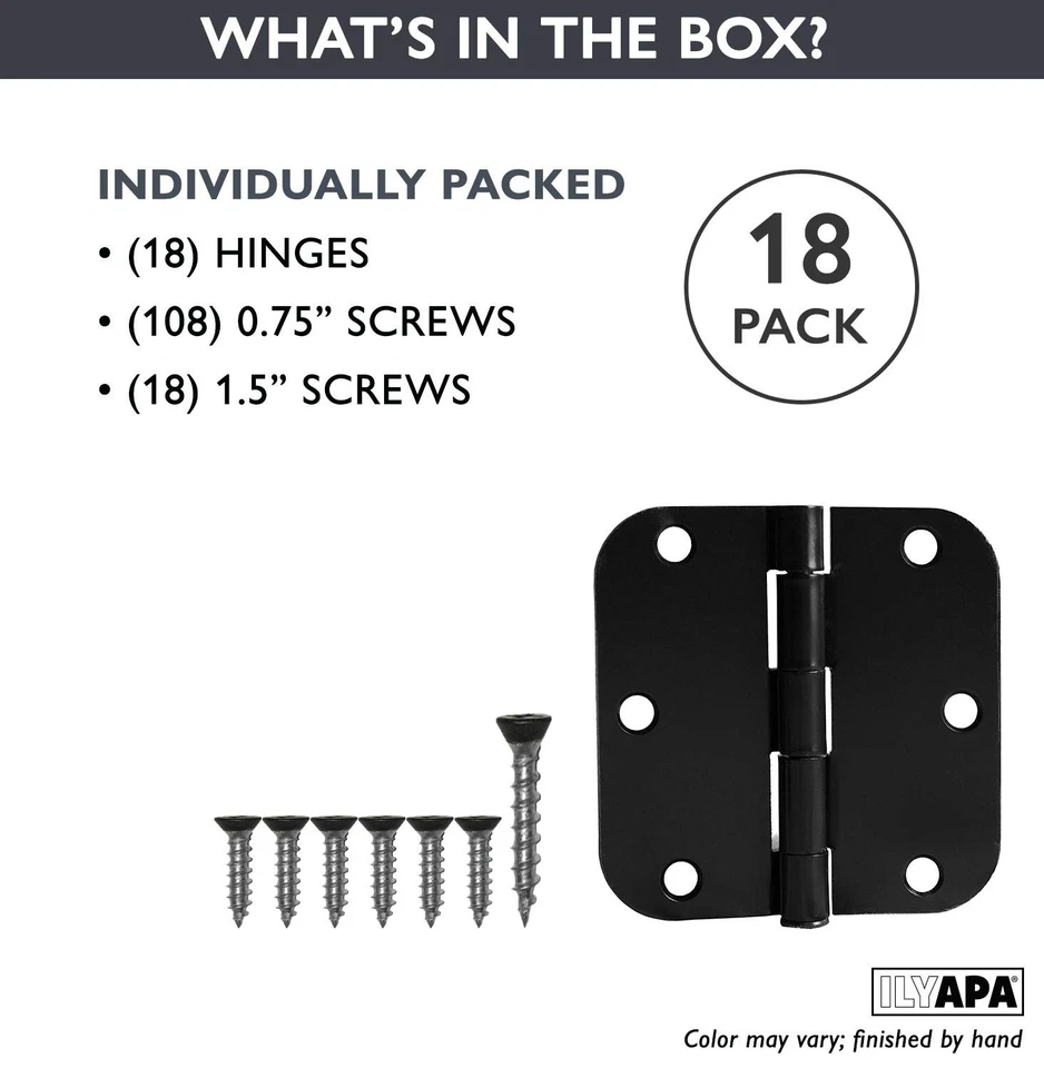 Paquete de 18 bisagras de puerta planas negras - bisagras interiores de 3 1/2" x 3 1/2" pulgadas Foto 3 de 4